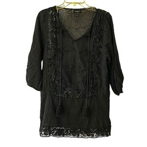 Tolani Embroidered lace knit semi sheer swimsuit beach cover up dress Tassels S